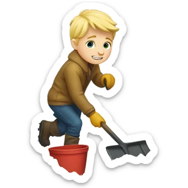 Blonde haired boy digging out a car stuck in the snow sticker