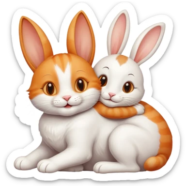Smiling cat hugging a rabbit friend sticker