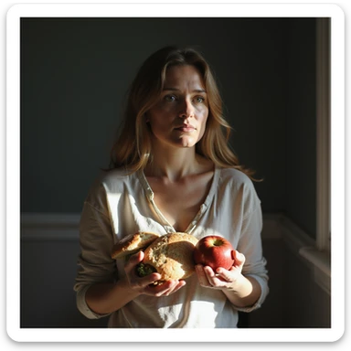 adult woman, photorealistic, diet no longer effective, lost gaze, surrounded by light food packages, holding an apple, sad atmosphere, natural light, kitchen background sticker