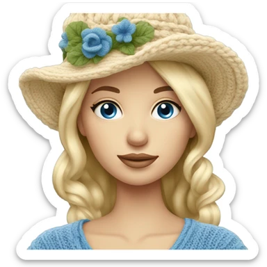 beautiful finnish blonde woman with blue eyes knitting floral hat sticker