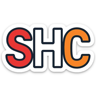 letters SHC in a minimalist font, S in red, H in white, C in orange sticker