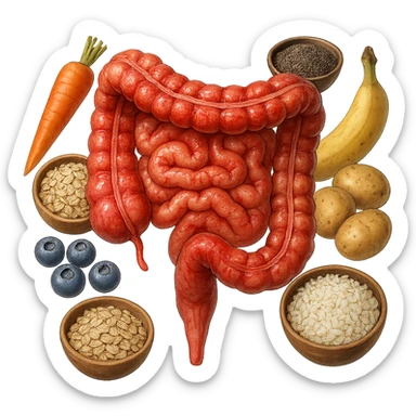 intestino umano anatomico infiammato con carota, bowl di avena, mirtilli, bowl di semi di chia, patate, banane, zucca, bowl di riso che gli fluttuano dietro, iperrealistico 4k sticker