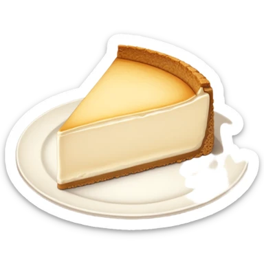 There is a sliced cheese cake on the white plate. sticker