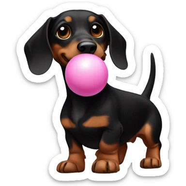 Black and brown dachshund with white front paws holding a pink ball in its mouth sticker