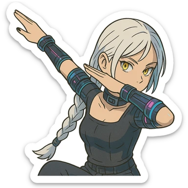 she is dabbing, a closeup portrait of young woman with gold yellow eyes, white hair, long braid, black off-shoulder top d-cup, punk gothic style, futuristic cyberwave cyberpunk, sitting position sticker
