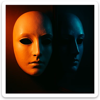 a mask and its mirror image, creative lighting and composition, artistic, visually appealing sticker