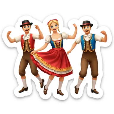 Cinematic Realistic Schuhplattler Dance Emoji, depicted as a lively traditional folk dance scene with performers in authentic Bavarian costumes, rendered with dynamic textures and festive natural lighting that captures the spirit of rural celebration. sticker