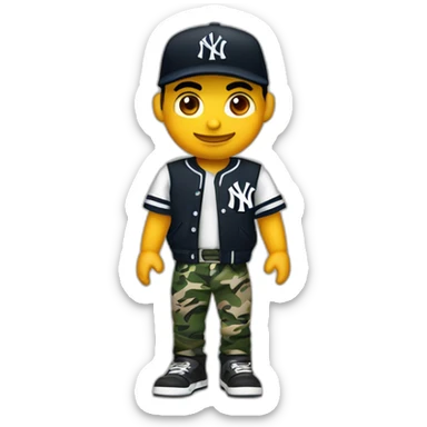 Crea un muchacho rockero, con pantalón camuflageado y una playera negra de NY yankees, con cabello rizado, brazos tatuados y un letrero que diga tichobboy sticker