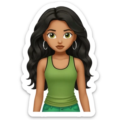 a pretty bratz brown girl with long wavy black color hair and green tank top on sticker