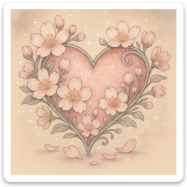 Add more silver sparkles and accents to the heart with sakura in ghibli style. sticker