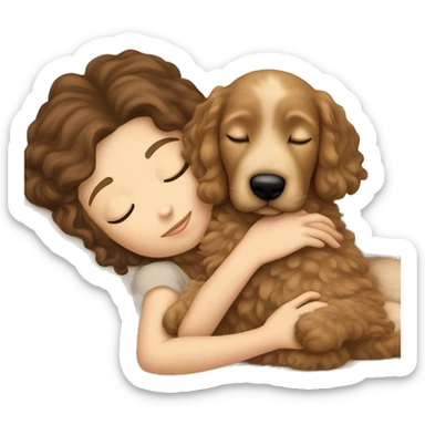 White girl brown hair sleeping with golden doodle puppy  sticker