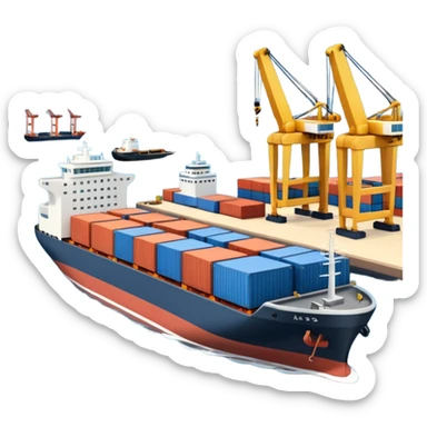 A 3D cartoon cargo or passenger seaport terminal with cranes and ships docked, calm lighting, Memoji-style realism. sticker
