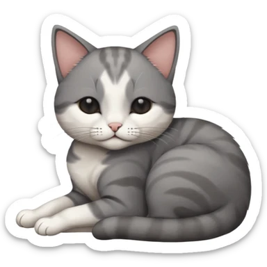 dark grey and white small cat with his eyes closed, leaning his head on his paw while leaning on his elbow lying down sticker