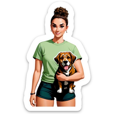 Girl with a burnette curly bun, strong build and a sage green T-shirt with a big dog sticker