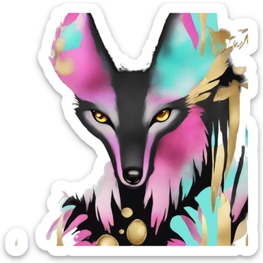 Dark black Beige cyan Pink magenta burgundy maroon cyan beige gray coyote fox black stripes wearing gold jewellery gold piercings gold gilded vintage watercolour tie dye black raven wings sticker