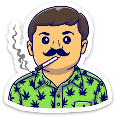 Mexican drug lord El Chapo with mustache and patterned shirt, smoking weed sticker