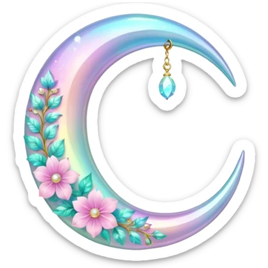 glossy Pastel iridescent floral shiny crystal crescent damask moon sticker