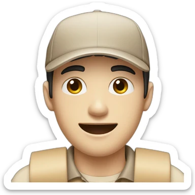 Pale skinned fit Man with black hair in a brown cap and beige polo T-shirt keeping a pasted box into his hands sticker