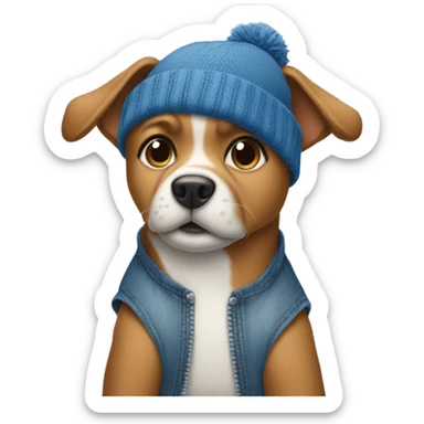 Dog with baggy jeans and blue tanktop with a beanie sticker