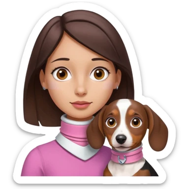a brunette girl, olive skin, hazel eyes, pink top, neck brace on her neck because she’s injured , piebald dachshund next to her only brown and white sticker
