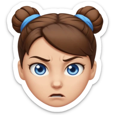 Girl with blue eyes, brown hair in a bun, angry sticker