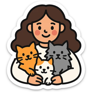 a girl with long dark brown curly hair, wearing a white sweater, hugging an orange cat, a grey Maine Coon, and a white cat with spots, color outline icon style sticker