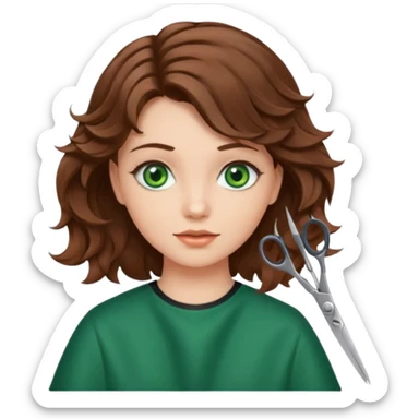 Girl with green eyes and brown wavy hair getting haircut with scissors sticker