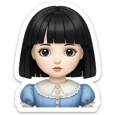 porcelain doll with white skin, black hair that has bangs and button eyes. she is wearing an old dress sticker