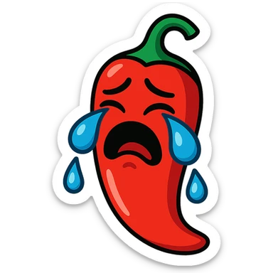 crying red chilli with exaggerated sad face, shiny red, large tears, clean background sticker