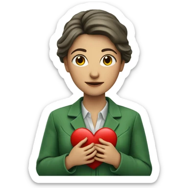 A European female teacher in a green jacket holds a heart in her hands sticker