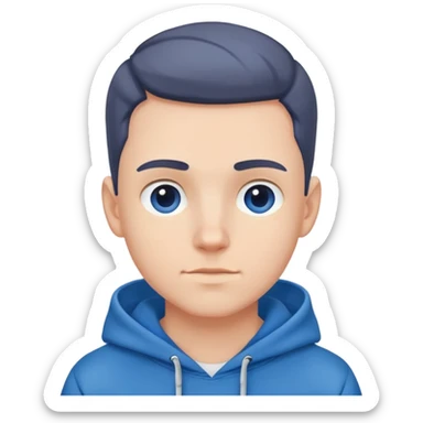 startup product manager, clean shaved, soft boy hair-style wearing a blue hoodie sticker