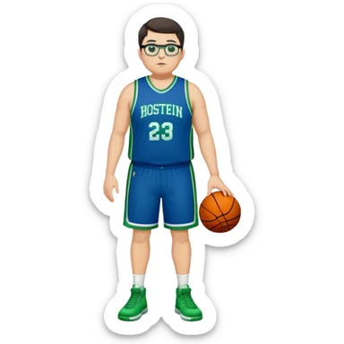 Full Body tall plus size white male with dark short hair basketball player wearing glasses wearing blue green uniform sticker