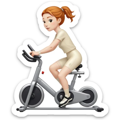 Ginger girl shiny middle part low bun riding stationary bike cream outfit sticker