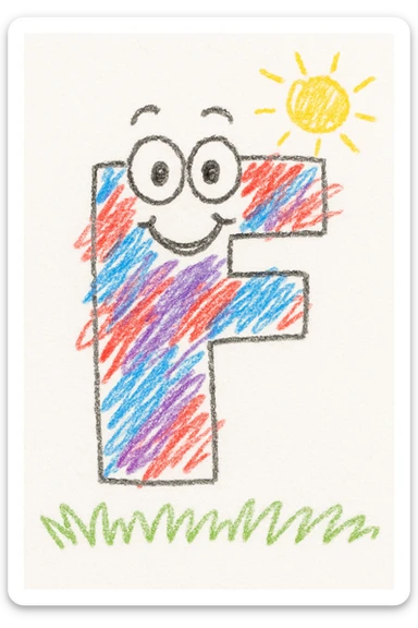 The letter F illustrated in a lively, energetic way, with playful patterns and a joyful face, matching a fun ABC set for children. sticker