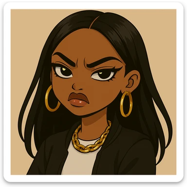 Remove the side-eye, make her look straight ahead with an angry, snooty attitude, nose turned up, headshot only, 20-year-old anime Bratz style woman with dark skin, straight hair, more casual outfit, big expressive eyes, glossy lips, no hat, no tears. sticker