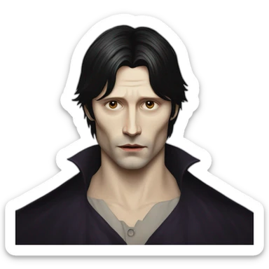 young mads mikkelsen as a sad black haired vampire sticker