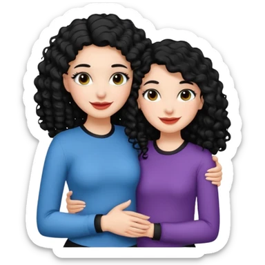 White girl with black curly hair and makeup on hugging a white girl with black pin straight hair with makeup on smiling sticker