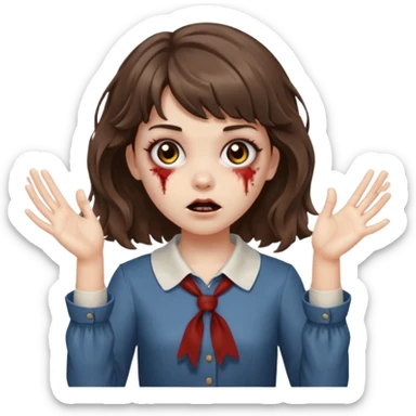 Cabelo ondulado  um pouco cheio e franja curta  Olhos marrons e pequenos e feita d ezumbi mais bonita com cabelo amarro na e com as mãos assim tipo assim🧟‍♀️ sticker