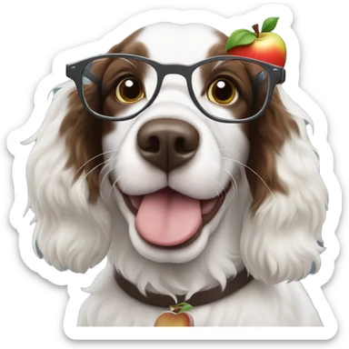 Isaac Newton as a white Springer Spaniel with an apple and glasses sticker