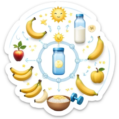 Magical fitness system: water bottle, sun, rice bowl, banana, dumbbell, yogurt, fruit, and moon arranged in a circular flow chart with ethereal glowing connections and sparkles, each item separate but part of one system sticker