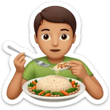 Create a person having lunch. Not a sandwich. Rice, beans, vegetables and chicken. sticker