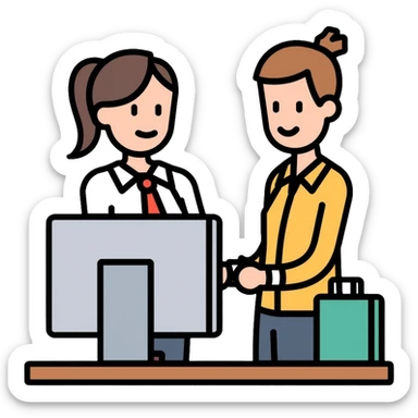 Bank teller in professional clothes helping a customer sticker