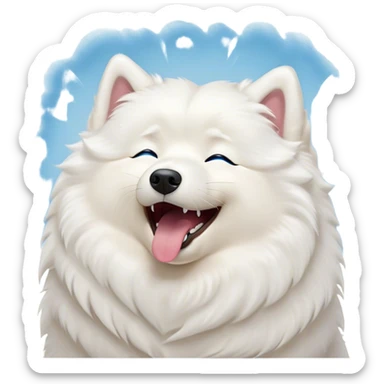 Cinematic Cute Yawning Samoyed Portrait Emoji, Head tilted slightly with a dramatic, wide-open yawn, showcasing a soft, fluffy white Fur with a gentle shimmer, floppy ears slightly drooping, round blue eyes barely open in drowsy contentment, Simplified yet irresistibly adorable features, highly detailed, glowing with a soft, cozy glow, high shine, relaxed yet expressive, stylized with a touch of whimsy, bright and endearing, soft glowing outline, capturing the essence of a sleepy yet affectionate companion, so drowsy it feels like it could stretch right out of the screen and curl up for a nap! sticker