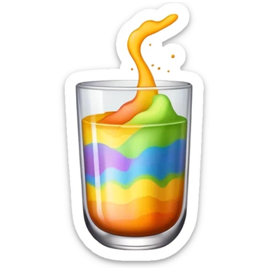 A glas with rainbow powder in it with the colours yellow black brown orange sticker