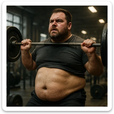 hyper realistic 4K image of a man training with weights, abdomen with stubborn belly fat, gym details, intense atmosphere sticker