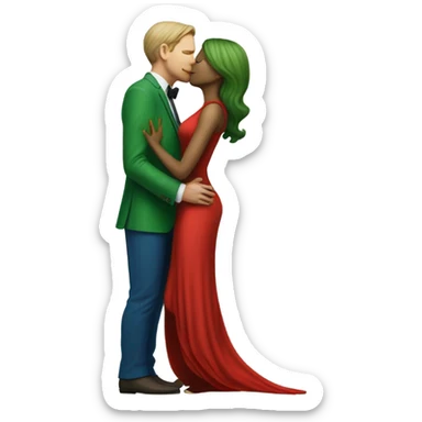 Beatiful tall green skin female reptilian in red dress, kissing white man in blue dress, full figure, full body sticker