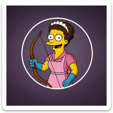 Regenerate the image keeping the same angle, facial expression, clothing, size ratio and shapes, but replace the spray bottle in the hand with a medieval bow. Maintain the style and color scheme as in the original image. sticker