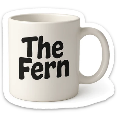 white coffee cup with 'The Fern' written on it in bold, playful letters, simple and eye-catching sticker