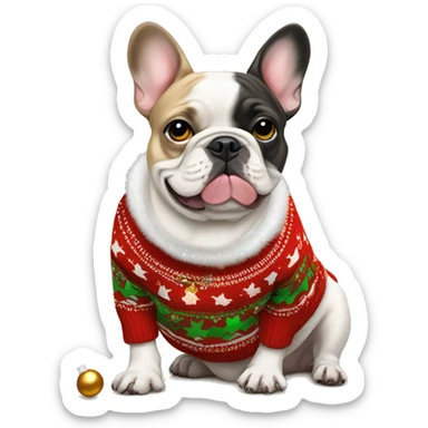 tan female french bulldog in christmas sweater with jingle bells sticker