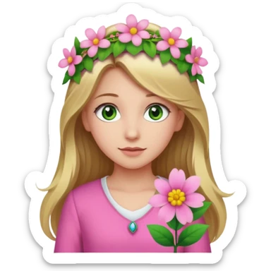 Girl profile picture with long browne and blonde hair and green eyes and a flower in her hair. and a pink outfit sticker